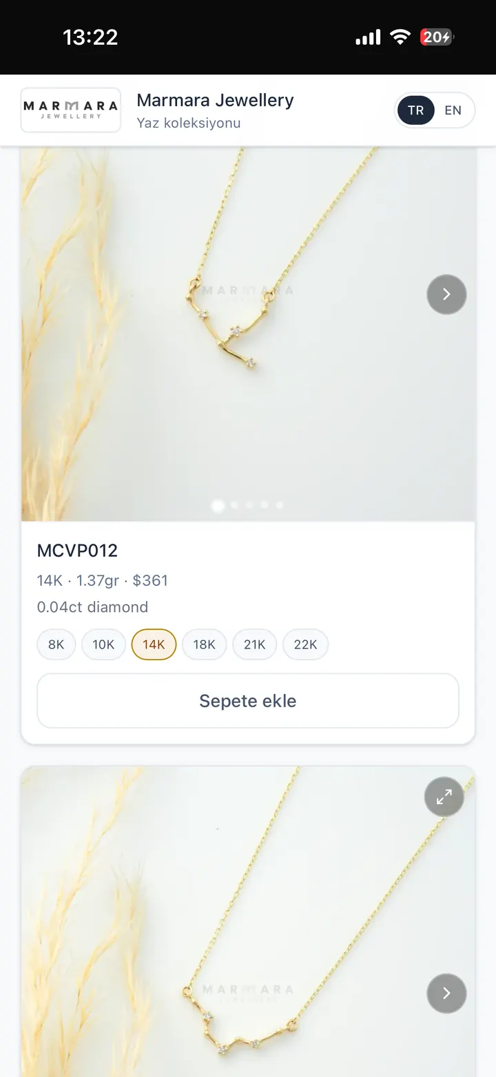 Güncel fiyatlı katalog — ayar, gram ve USD fiyat